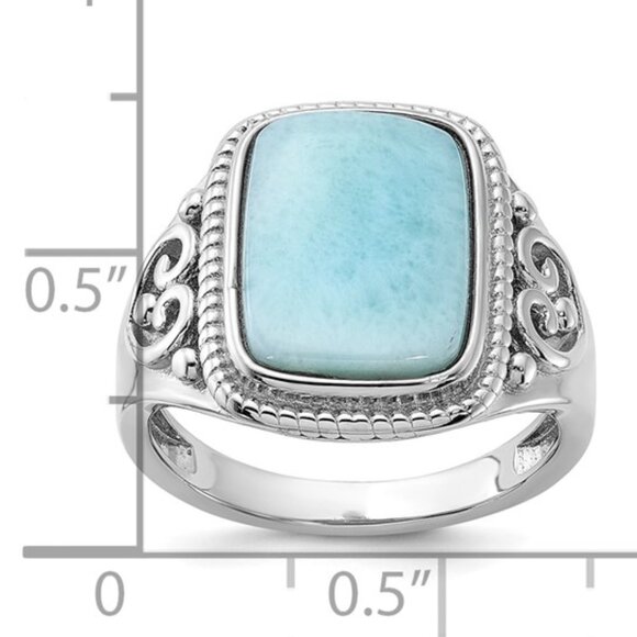 Sterling Silver Rhodium-Plated Oxidized Rectangular Larimar Ring – Filigree Desi - Picture 4 of 7